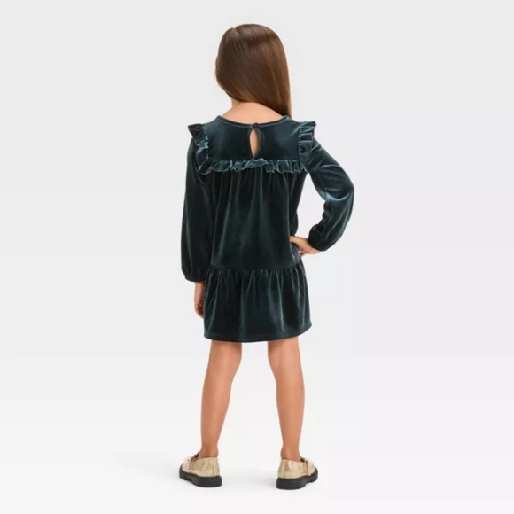 New 4T Toddler Girls A Line Velour Long Sleeve Mini Dress Cat & Jack Ruffled Hem - Picture 2 of 5